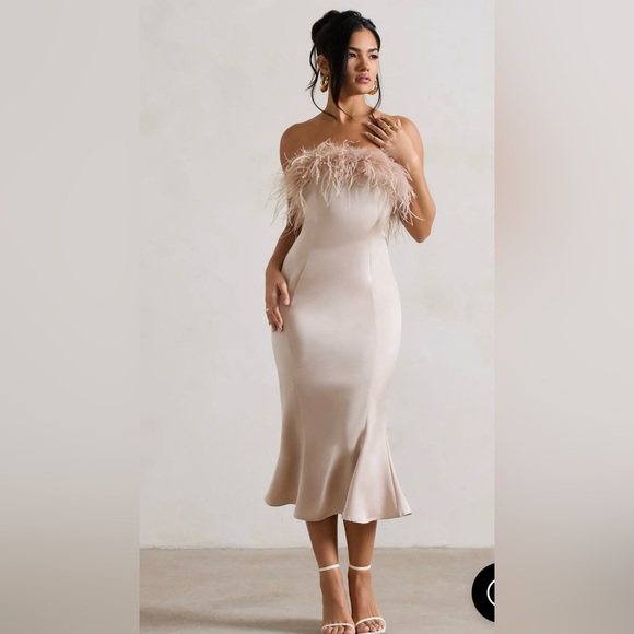 CHAMPAGNE SATIN FEATHER TRIM MIDI DRESS - Picture 1 of 4